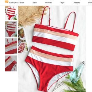 Zaful Cami Striped High Waisted Bikini - Red S
